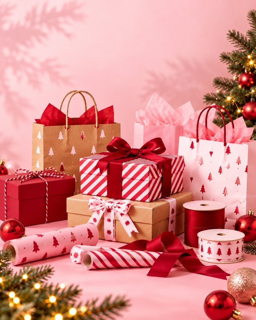 Christmas gift bags, boxes, ribbons and wrapping paper