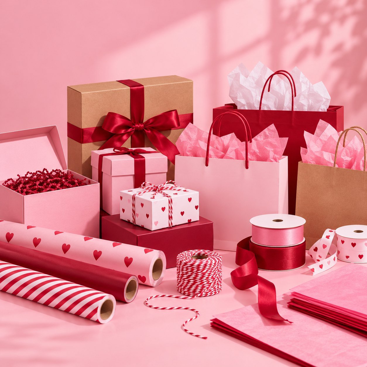 Pink and red gift boxes, bags, ribbons and wrapping paper