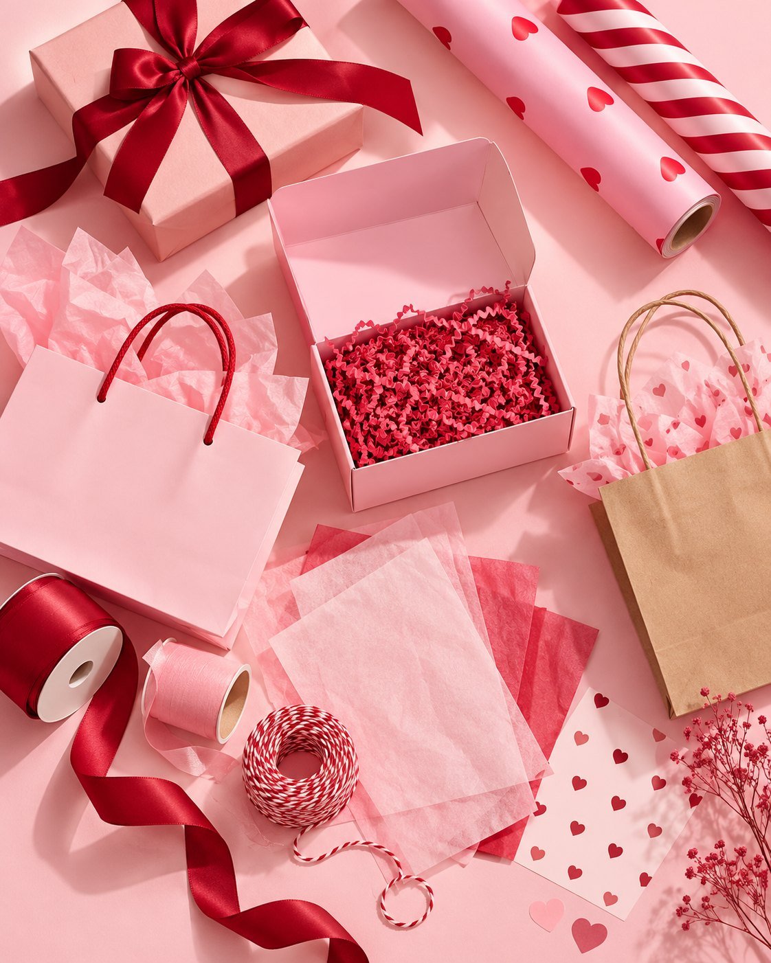 Pink gift bags, an open box with shredded paper, tissue paper and ribbons